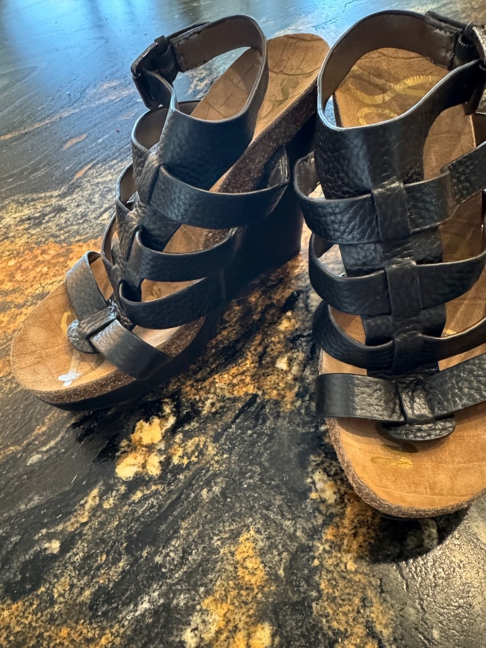 Sam Edelman Black Leather Strappy Wedge Sandals